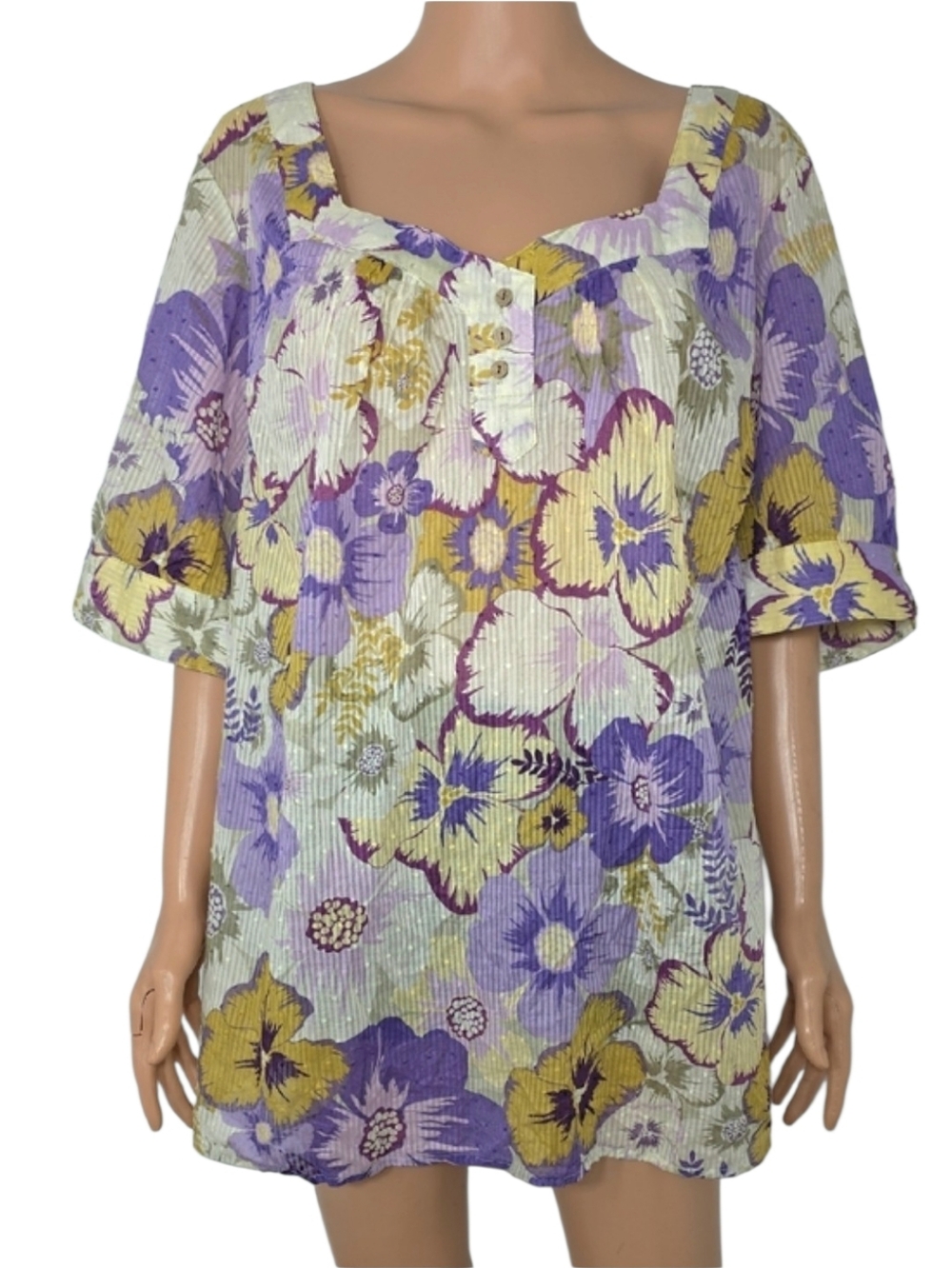 Avenue Floral Square-Neck Tunic in Purple, Yellow & Cream Plus Size 26/28 NWT